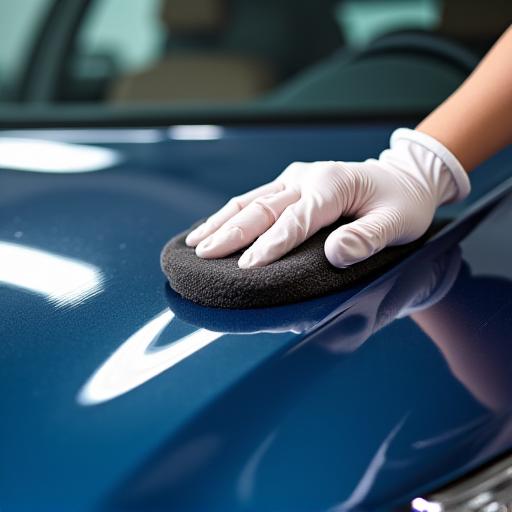 Applicator pad applying a clear ceramic coating to a car's hood.