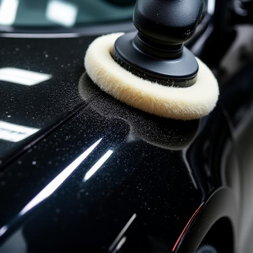Close-up of a polisher buffer removing swirl marks from black car paint.
