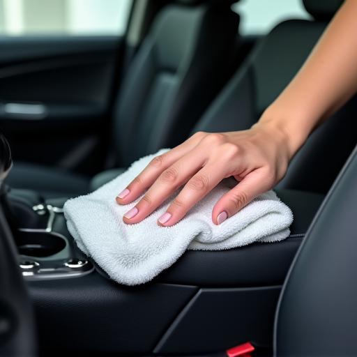 A microfiber towel carefully wiping a pristine car interior.